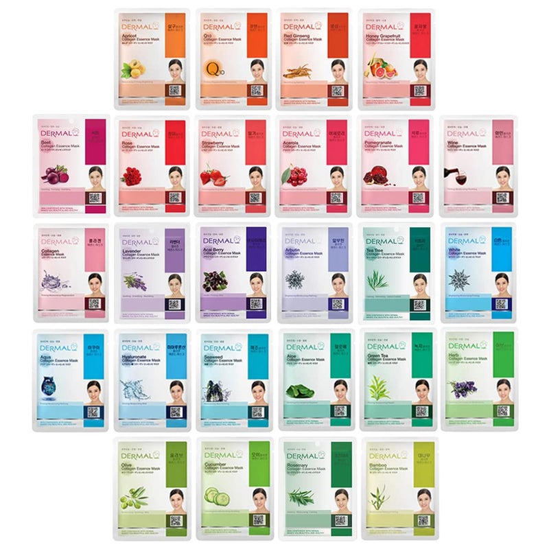 DERMAL 26 Combo Pack Collagen Essence Korean Face Mask (Red & Green) - Hydrating & Soothing Facial Mask with Panthenol - Hypoallergenic Sheet Mask for All Skin Types - Natural Home Spa Treatment Mask - Image 1